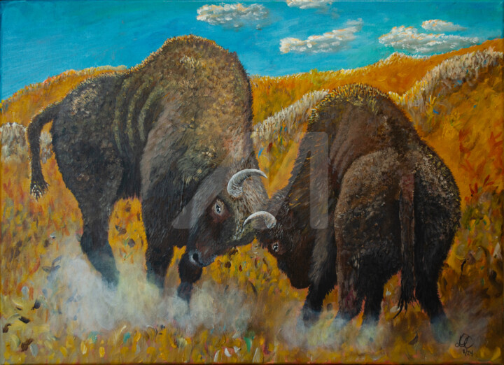 Battling Bison 绘画, 18x24 in