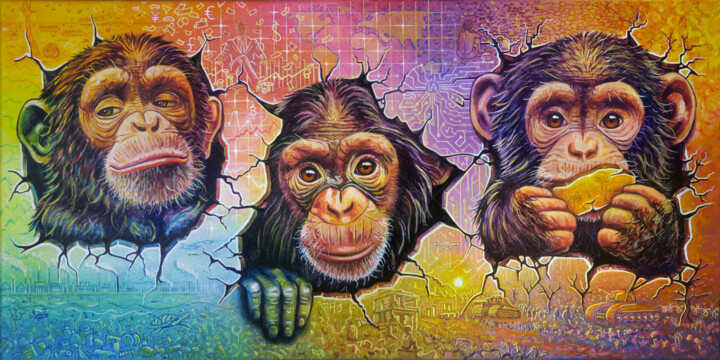Les 3 singes de la Sagesse (version2) 绘画, 15.8x31.5 in