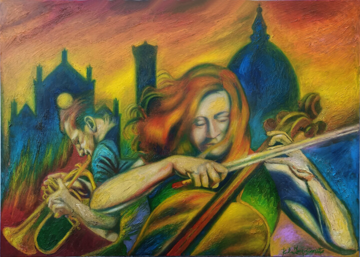 Painting titled "SUNDOWN CONCERT" by Paola Imposimato, Original Artwork, Oil Mounted on Wood Stretcher frame
