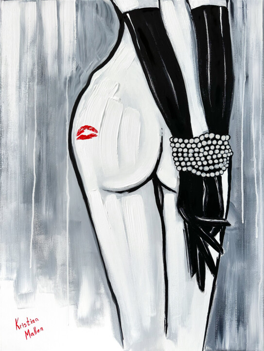Bound by Pearls, Kissed by Red Lips 绘画, 31.5x23.6 in