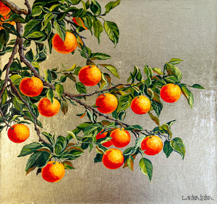 Schilderij getiteld "Mandarins. Branch" door Irina Larina, Origineel Kunstwerk, Acryl Gemonteerd op Frame voor houten branca…