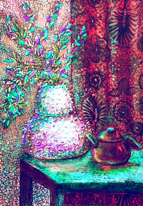 White vase, red teapot, green table and red curtains 绘画, 7.2x5 in