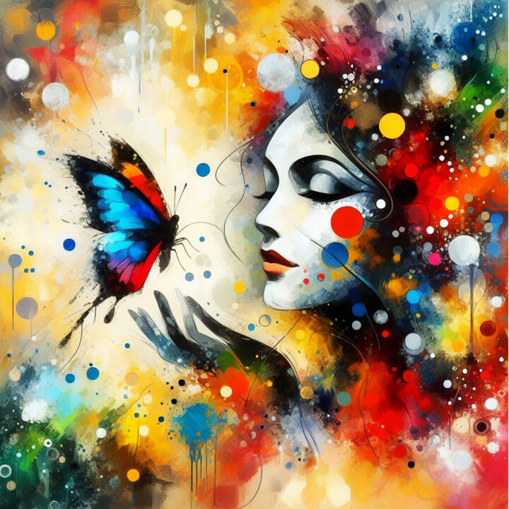 Colorful dream woman with butterfly 绘画, 47.2x47.2 in