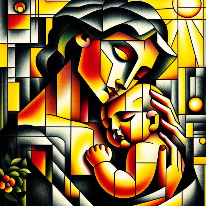 Abstract art with mother and baby 绘画, 55.1x55.1 in