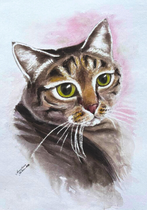 Original Watercolor Cat Portrait – Hand-Painted Art Pittura, 23,6x16,5 in