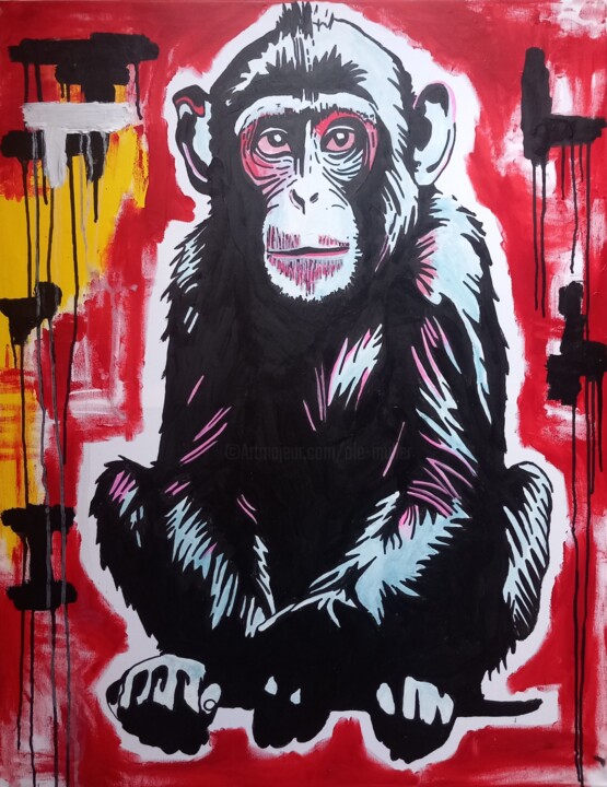 Painting titled "Schimpanse" by Ole Müller, Original Artwork, Acrylic Mounted on Wood Stretcher frame