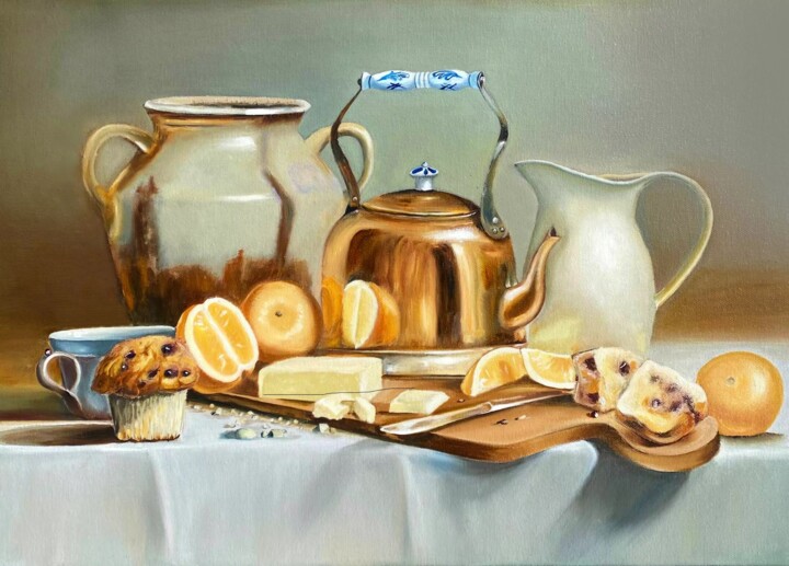 Painting titled "Vintage still life…" by Nadzeya Dzemianchuk, Original Artwork, Oil Mounted on Wood Stretcher frame