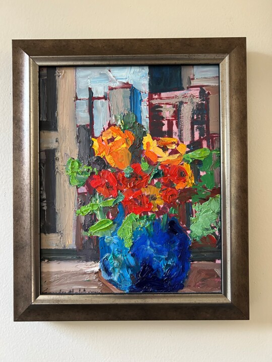 Painting titled "Roses with a View" by Sandy Melchiori, Original Artwork, Oil Mounted on Wood Panel