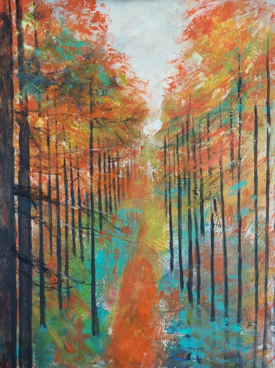 Painting titled "Autumn in the forest" by Els Driesen, Original Artwork, Acrylic Mounted on Wood Stretcher frame