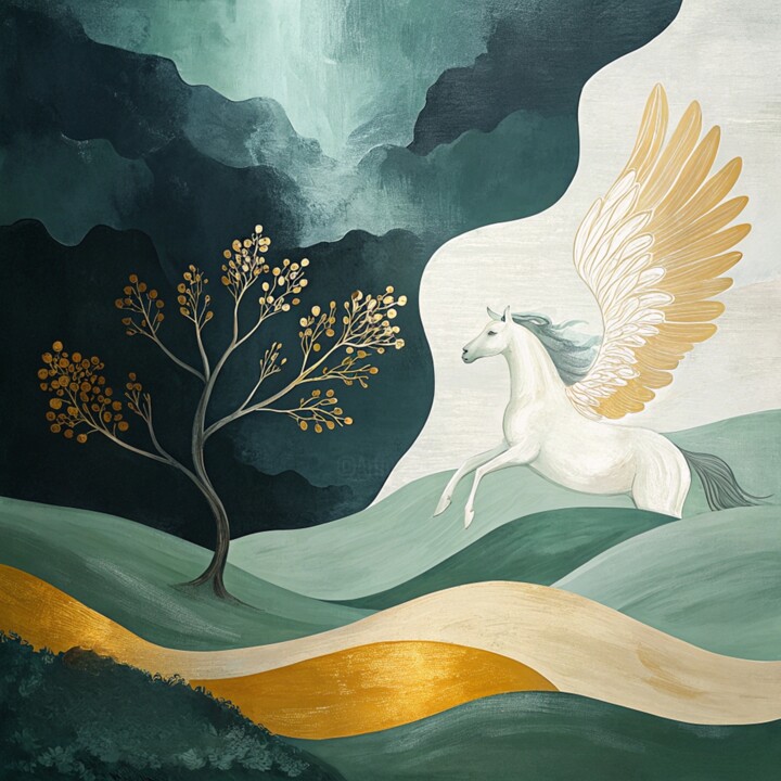 Golden Flight: Abstract Pegasus Art Print. 数字艺术
