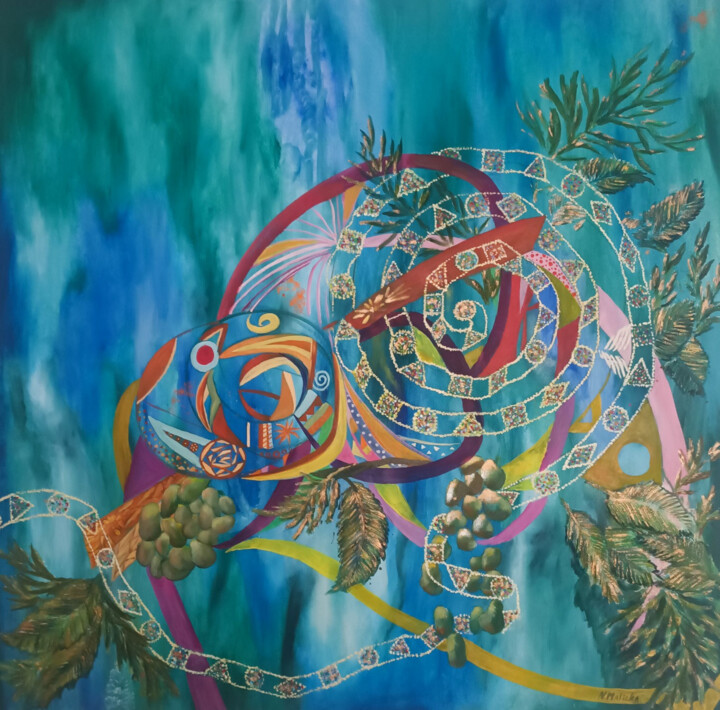 "In the Whirlwind of Symbols–Abstract Symbolist Oil Painting Malarstwo, 39,4x39,4 in