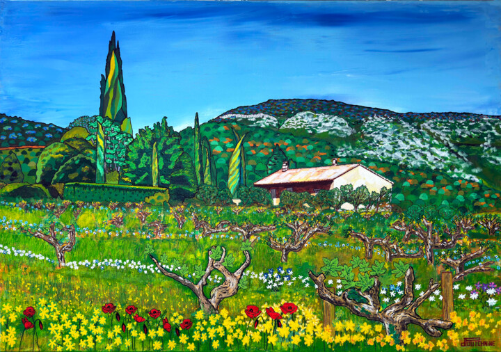 Painting titled "Vignoble en Provence" by Pascal Poutchnine, Original Artwork, Acrylic