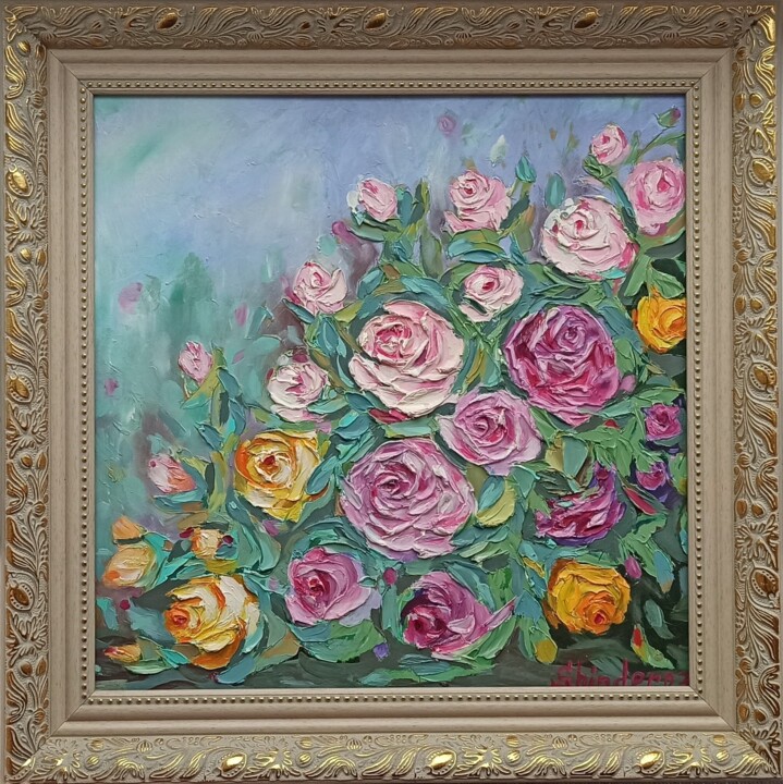 Large Roses Oil Painting, Lover Flowers Impasto 绘画, 15.8x15.8 in