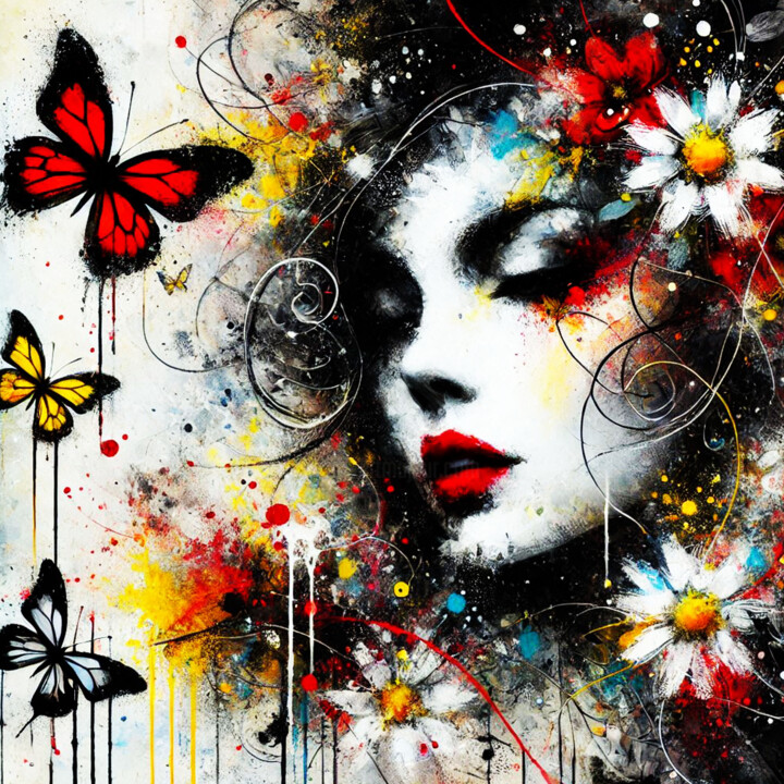 Woman portrait with butterflies 绘画, 47.2x47.2 in