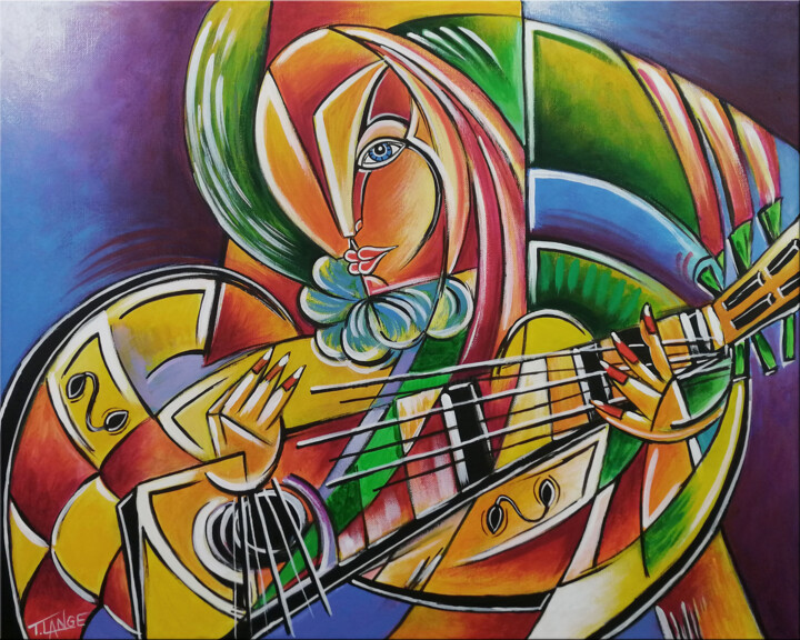 Guitarist Woman #M315 绘画, 15.8x19.7 in