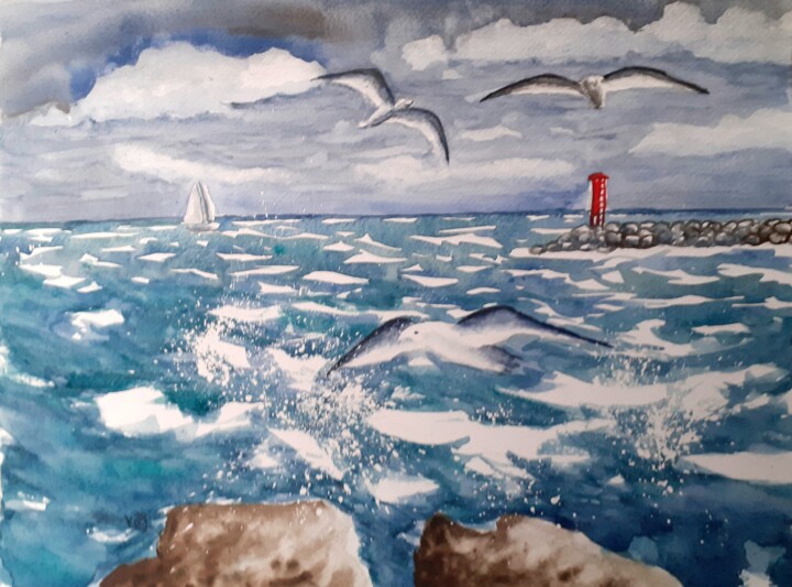 Peinture intitulée "Bord de mer" par Catherine Dufrene (Katy), Œuvre d'art originale, Aquarelle