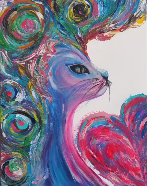 Dream Cat/lilac,purple,pink lines & colorful circles 绘画, 19.7x15.8 in