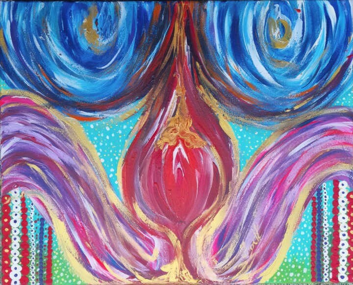 Between Cosmic Bloom in red, blue, gold on turquoise 绘画, 15.8x19.7 in