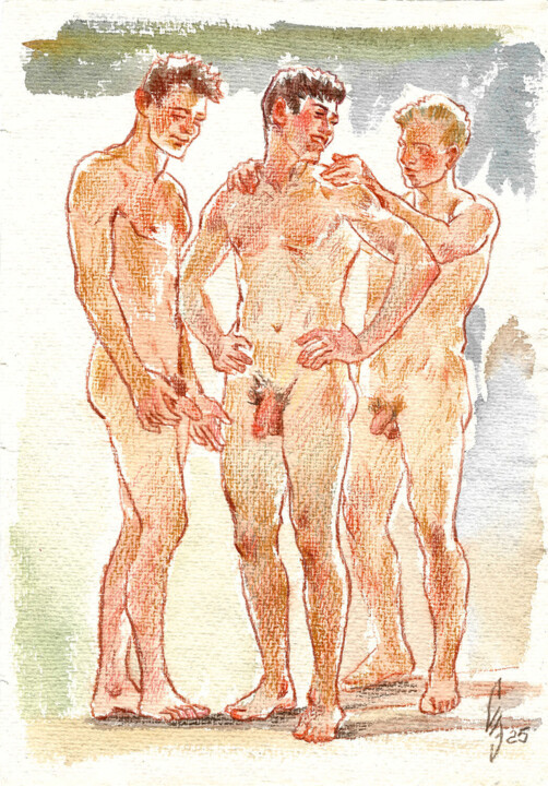 제목이 "Guys in the steam r…"인 그림 Sergey Sovkov로, 원작, 수채화