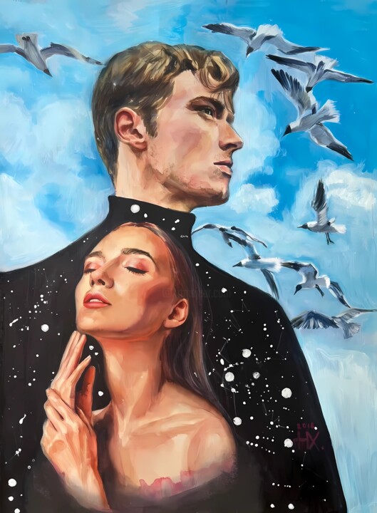A Premonition painting, a guy and a girl. The 40/30 cm Pittura, 15,8x11,8 in