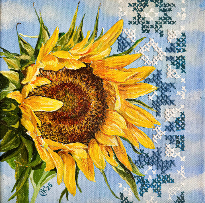 Painting titled "Golden Petals, Stit…" by Irina Kurganskaya, Original Artwork, Acrylic Mounted on Wood Stretcher frame