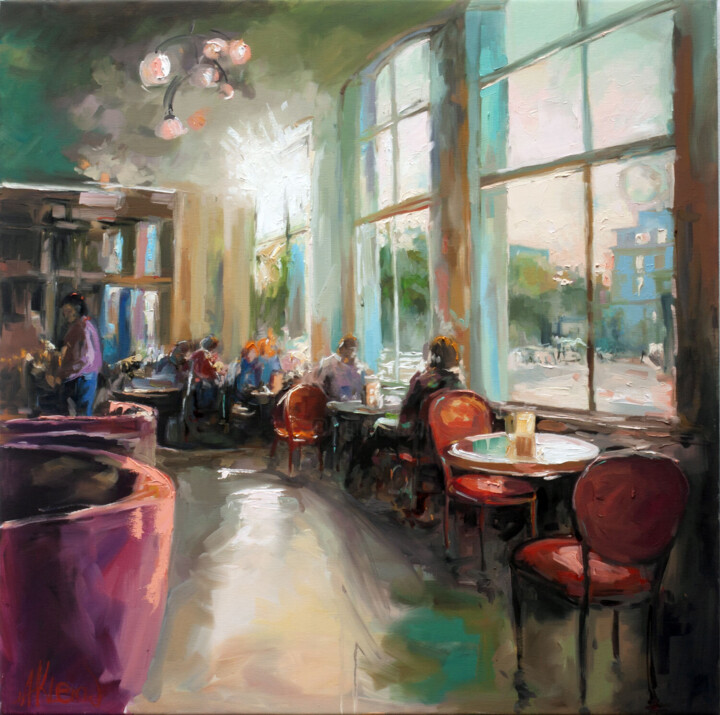 Painting titled "Cafe Atmosphere at…" by Alexandr Klemens, Original Artwork, Oil