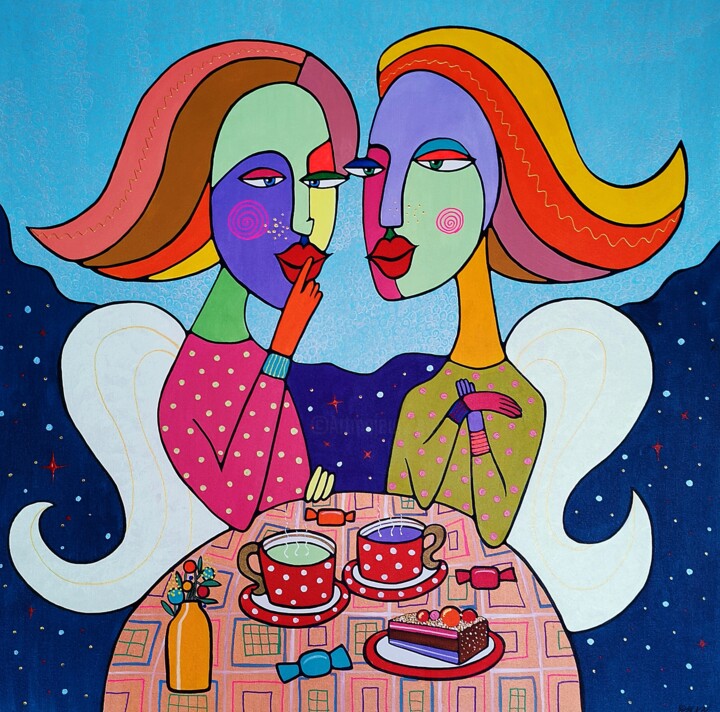 Magical Tea Time Under a Starry Sky Naïve Acrylic Painting. Peinture, 35,4x35,4 in