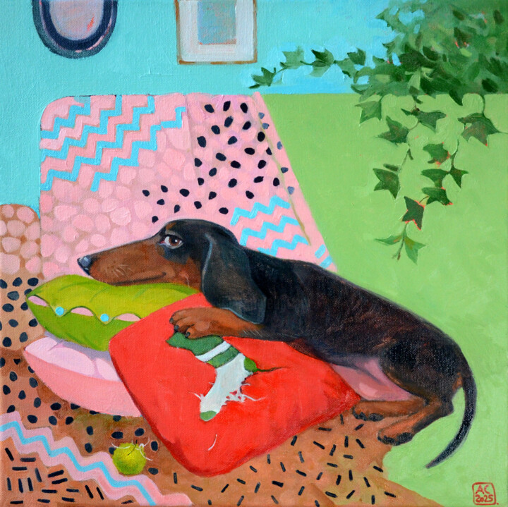 Portrait of a dachshund on a sofa with her favorite sock 绘画, 15.8x15.8 in