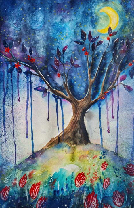 Painting titled "Echoes of the Night" by Evgenia Smirnova, Original Artwork, Watercolor