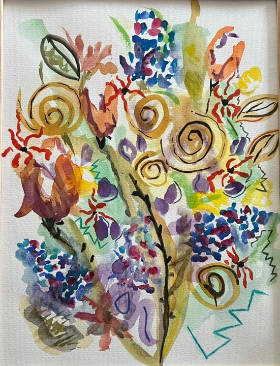 Peinture intitulée "Bouquet Art Déco I" par Frédérique Girin, Œuvre d'art originale, Aquarelle Monté sur Verre