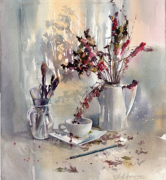 Winter still life in gray and pink. Watercolor painting. Tablo, 22,1x19,3 in
