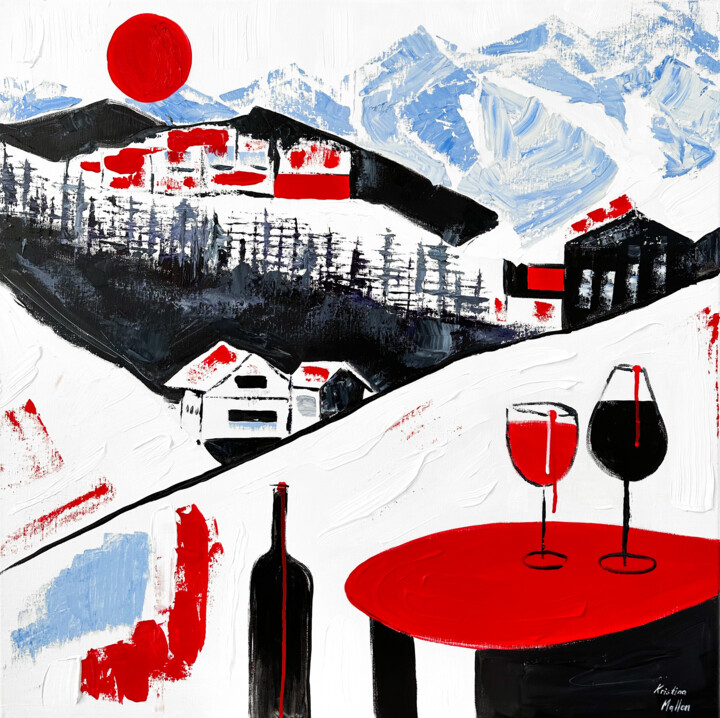 Après-Ski Wine Delight in the Snowy Alps 绘画, 31.5x31.5 in