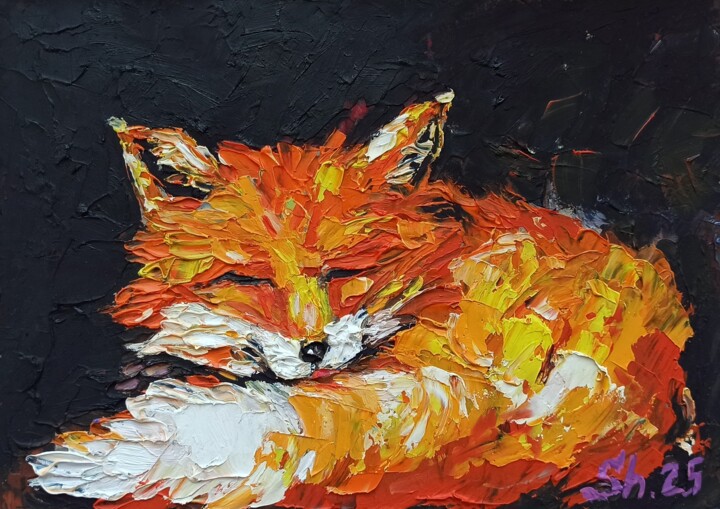 Sleeping Fox Oil Painting, Animal Impasto Original 绘画, 5.9x8.3 in