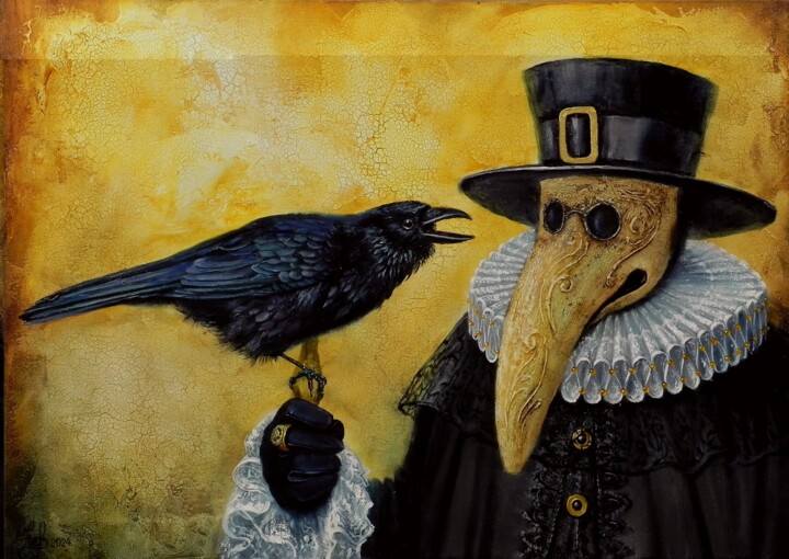 "Doctor and Crow" 绘画, 19.7x27.6 in