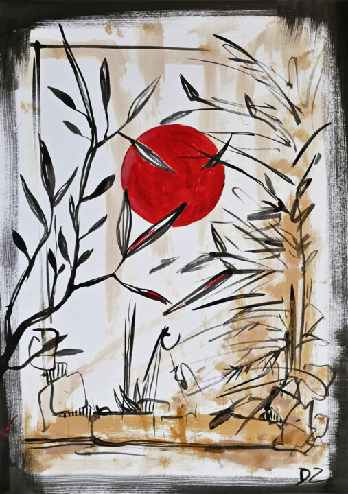 Sunset in the garden Drawing, 16.5x11.8 in