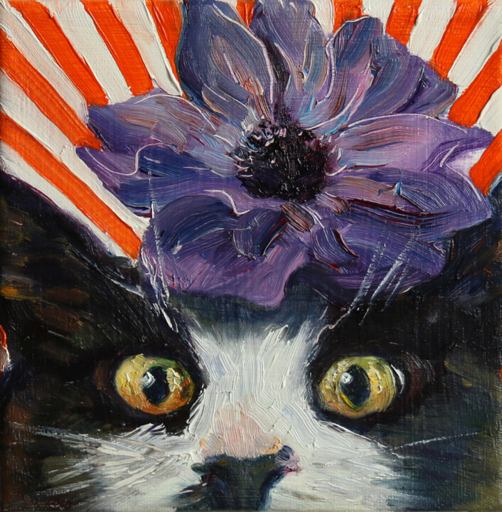 Cat with anemone Painting, 5.9x5.9 in