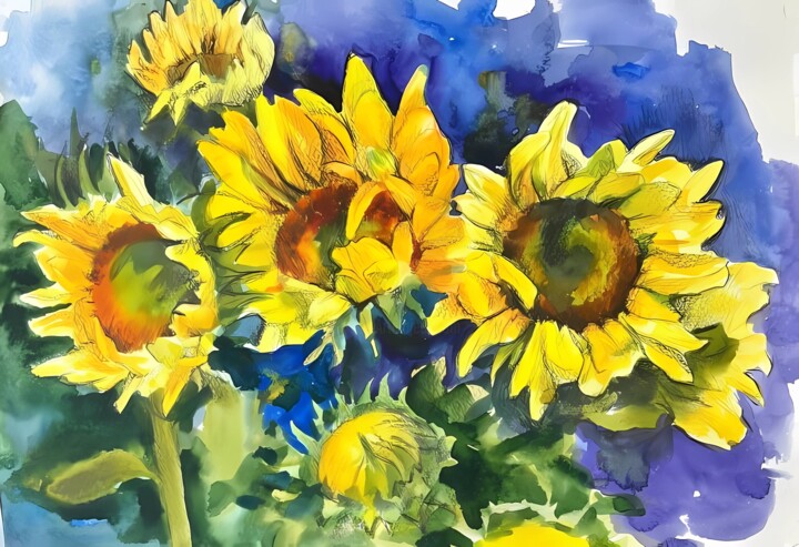 Bright watercolor sunflowers 20/30 cm. Malarstwo, 7,9x11,8 in