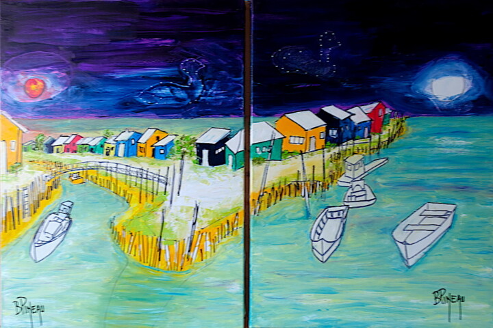 D282P20 Etoiles et toits Painting, 28.7x42.5 in