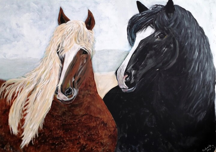 Brown and Black Horse 绘画, 27.6x39.4 in
