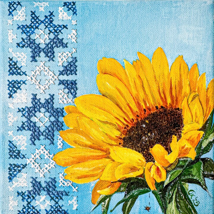 Painting titled "Golden Petals, Stit…" by Irina Kurganskaya, Original Artwork, Acrylic Mounted on Wood Stretcher frame