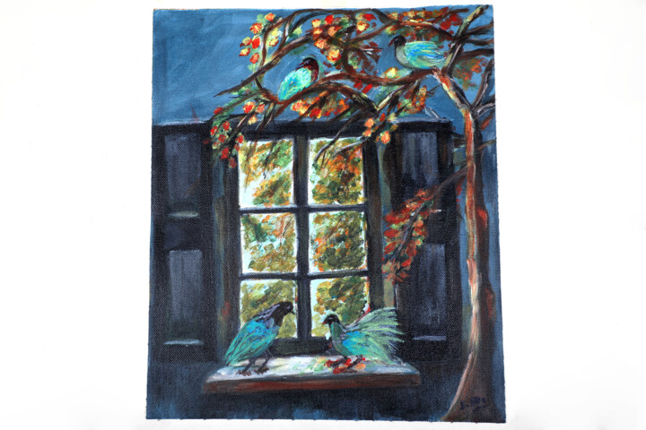 Pigeons on window ledge 绘画, 12x10 in