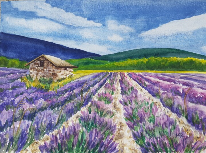 Peinture intitulée "Champ de lavande en…" par Catherine Dufrene (Katy), Œuvre d'art originale, Aquarelle