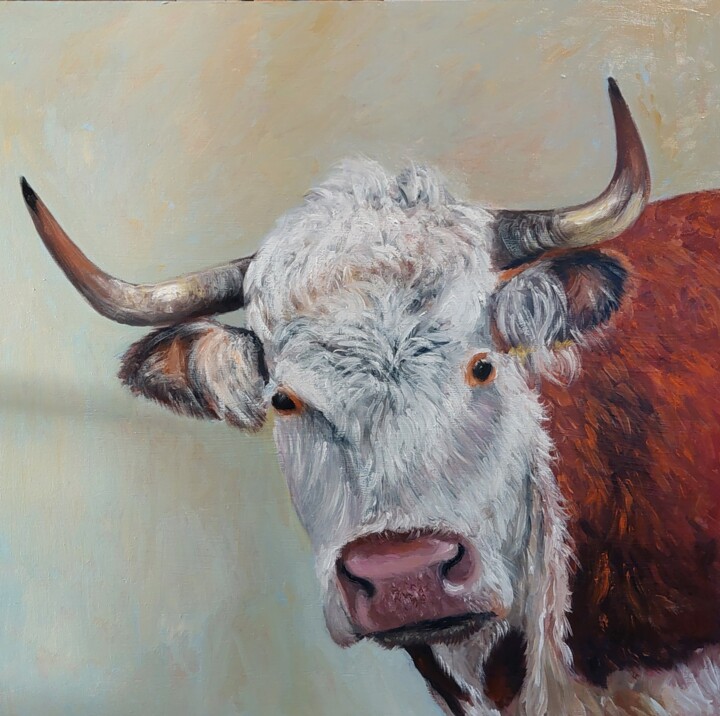 Painting titled "Hereford bull" by Els Driesen, Original Artwork, Oil Mounted on Wood Panel