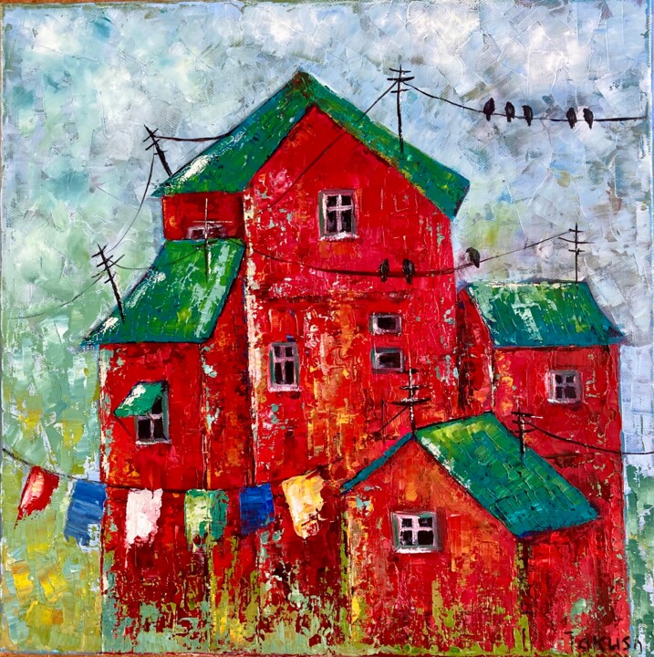 Painting titled "Red Houses" by Takush, Original Artwork, Oil Mounted on Wood Stretcher frame