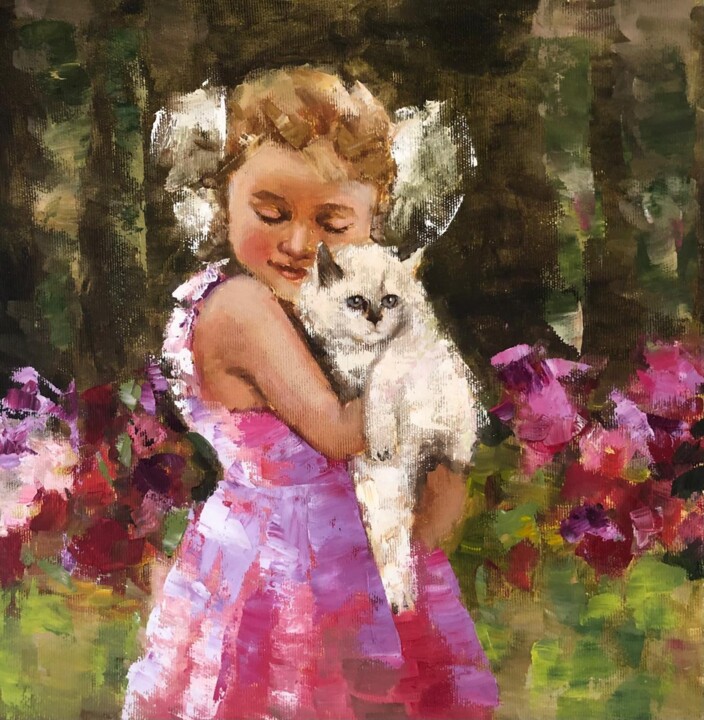 Девочка с котенком в саду Картина, 15,8x15,8 in