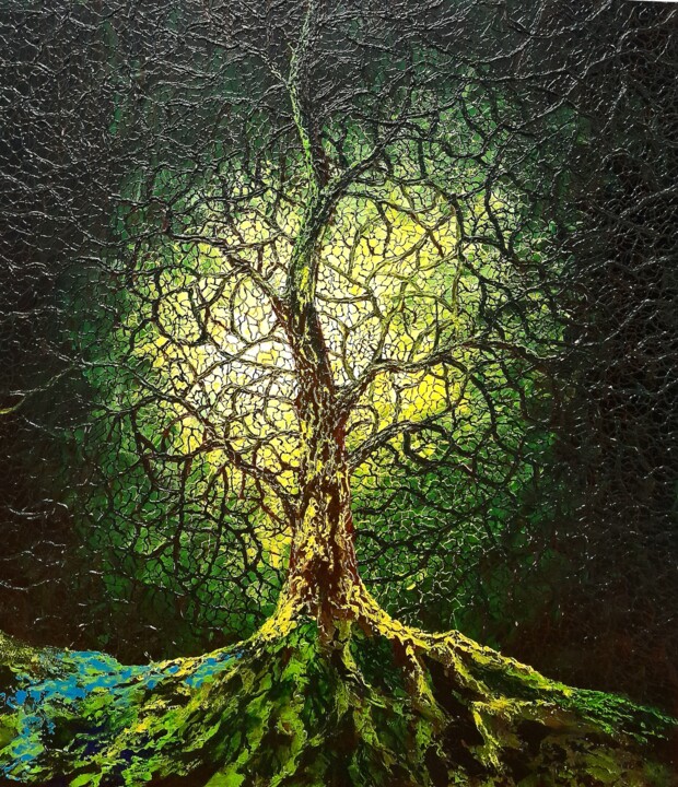 Original painting "Emerald Dream" - tree in emerald light Painting, 27.2x23.6 in