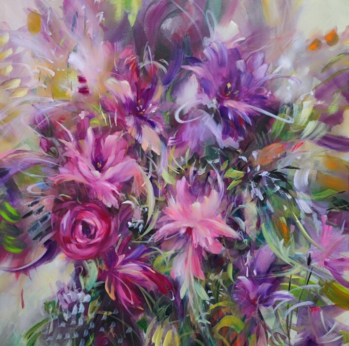 Pivoines. 绘画, 27.6x27.6 in