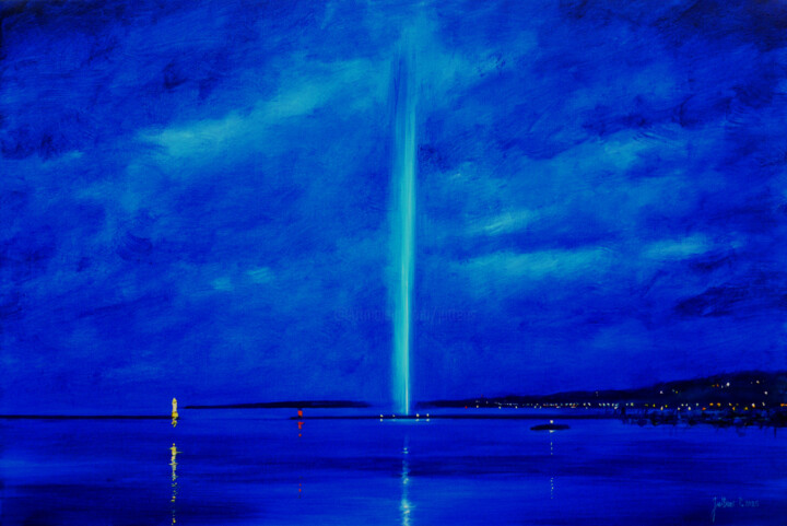 Painting titled "Genève de nuit avec…" by Philippe Juttens, Original Artwork, Oil