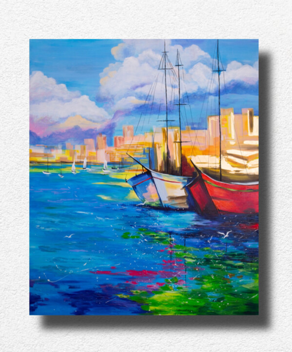 Boats seascape Pintura, 47,2x39,4 in