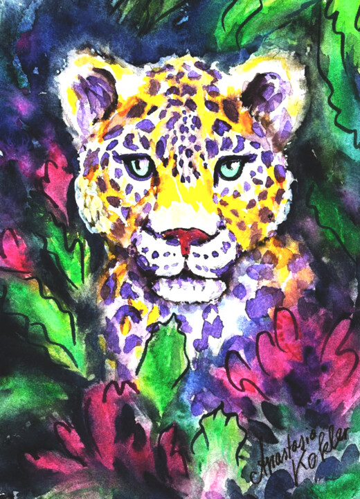 Colorful Jungle Leopard Art - Fantasy Watercolor & Ink Paint Schilderij, 16,5x11,8 in